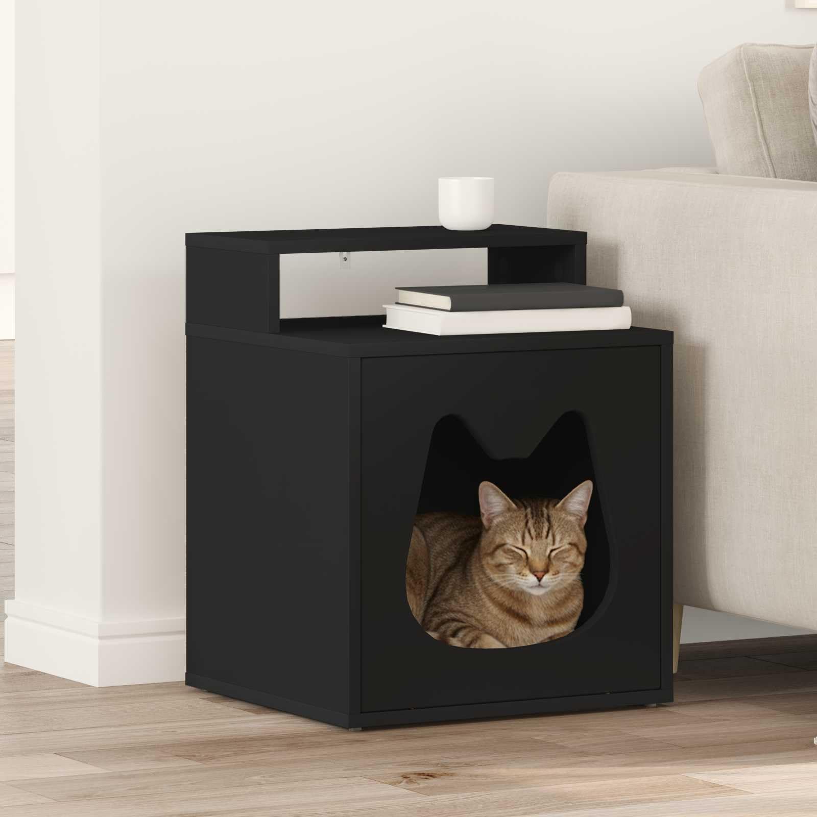 Maison pour chat noir contre le stress abri bois rassurant