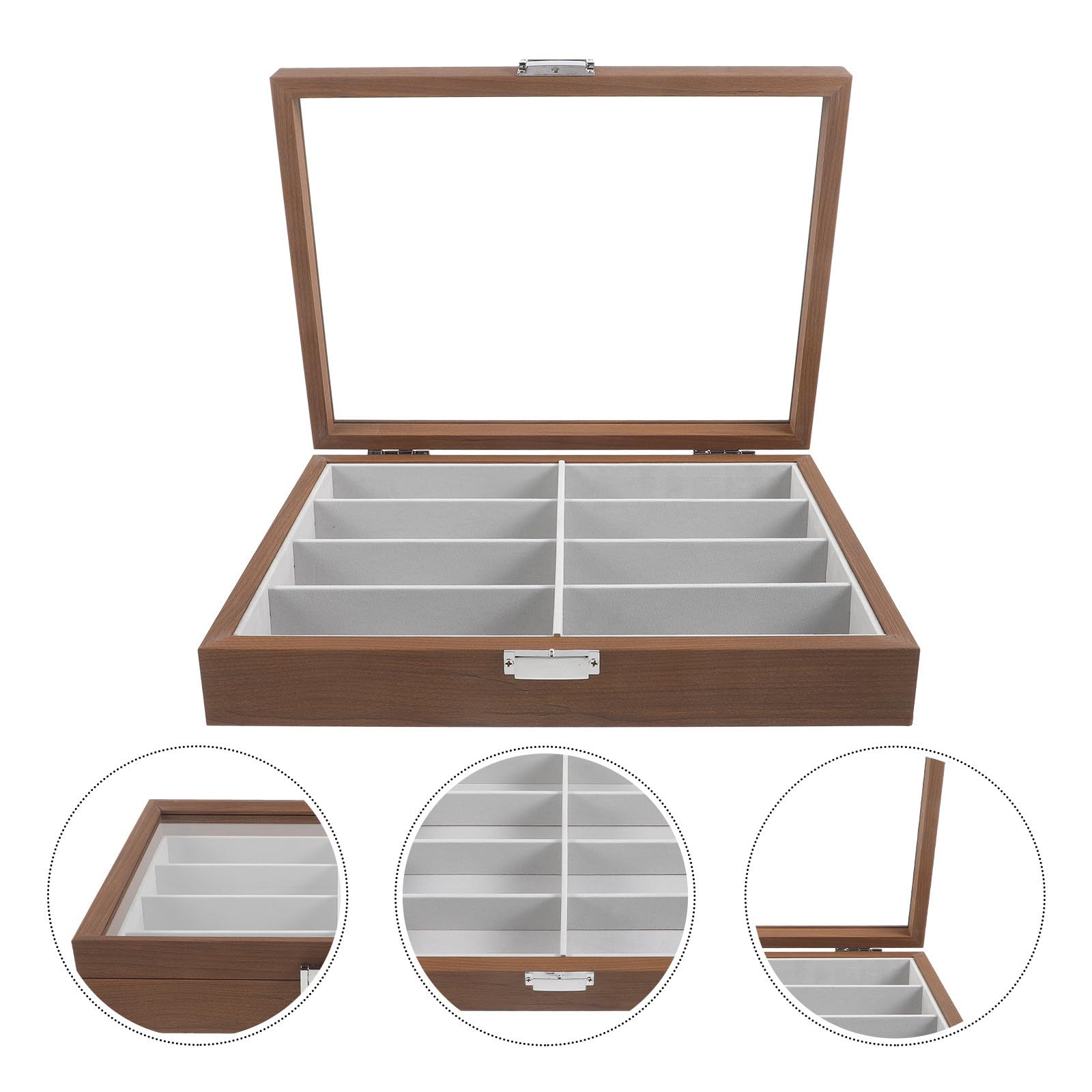 VILLCASE Scatola Porta Occhiali Contenitore Occhiali Trasparenti in Legno 8 Scomparti e Feltro Interno e Protezione Antigraffio per Vacanze Estive da Scrivania