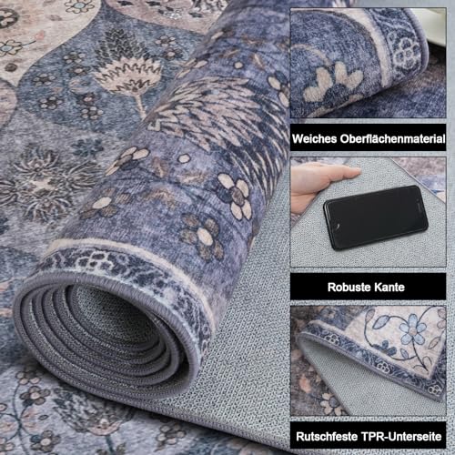Xfrog Boho Blumen Teppich - Rutschfester Waschbarer Ultraweicher Antiker Flächenteppich Mit Niedrigem Flor für Wohnzimmer, Schlafzimmer… – Ansicht 4