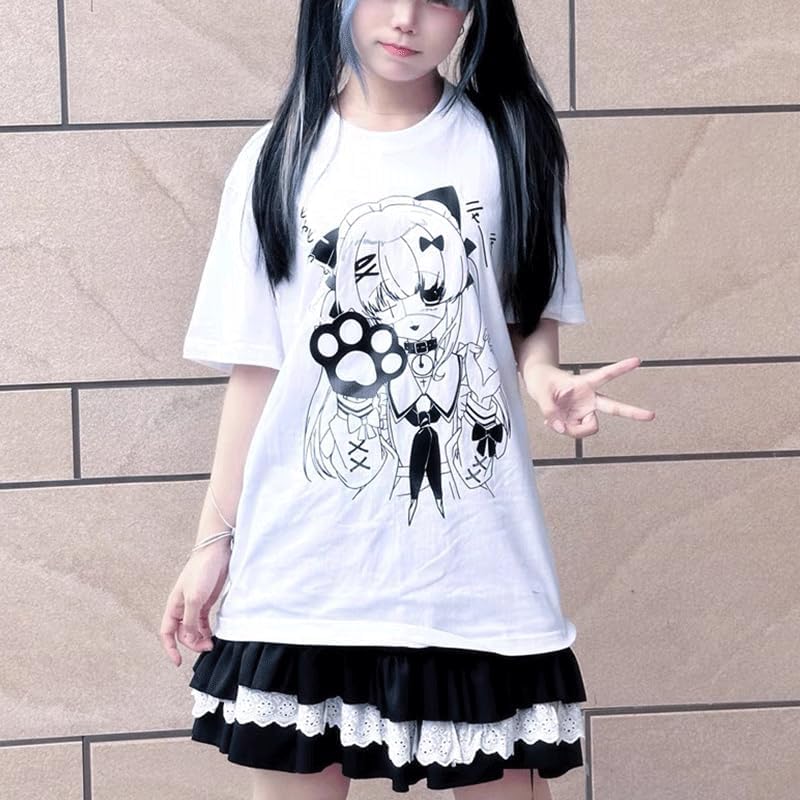 Harajuku Y2K Kawaii Gothic Clothes Casual Loose Soft Crewneck Cute Cartoon Anime Girl with Paw Print T-Shirt - Image 6