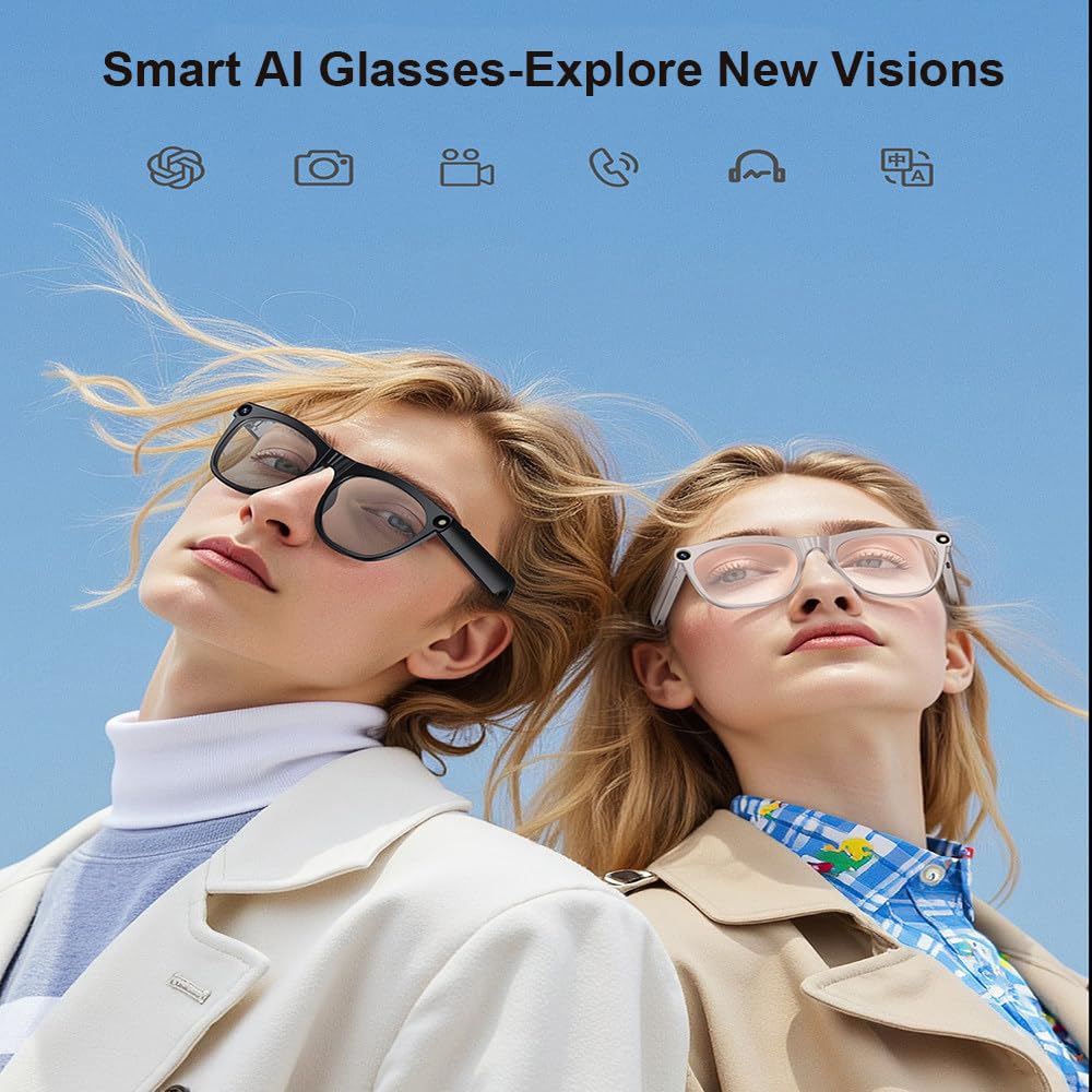 Gafas Antiluz Azul,Grabación De Fotos Y Vídeos De 800W,Reconocimiento Y Traducción De Imágenes Inteligente con IA,con Asistente De Voz,Diseño Abierto,para Viajes,Trabajo Y Negocios Black