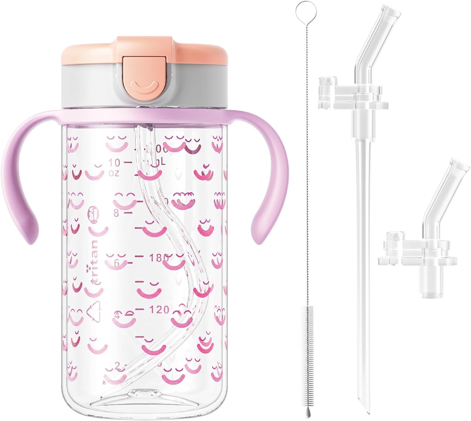 Evorie Tritan Toddler Sippy Cups 10 Oz Kids Water Bottle with Replacement Straw Bundle, Evorie Smiles