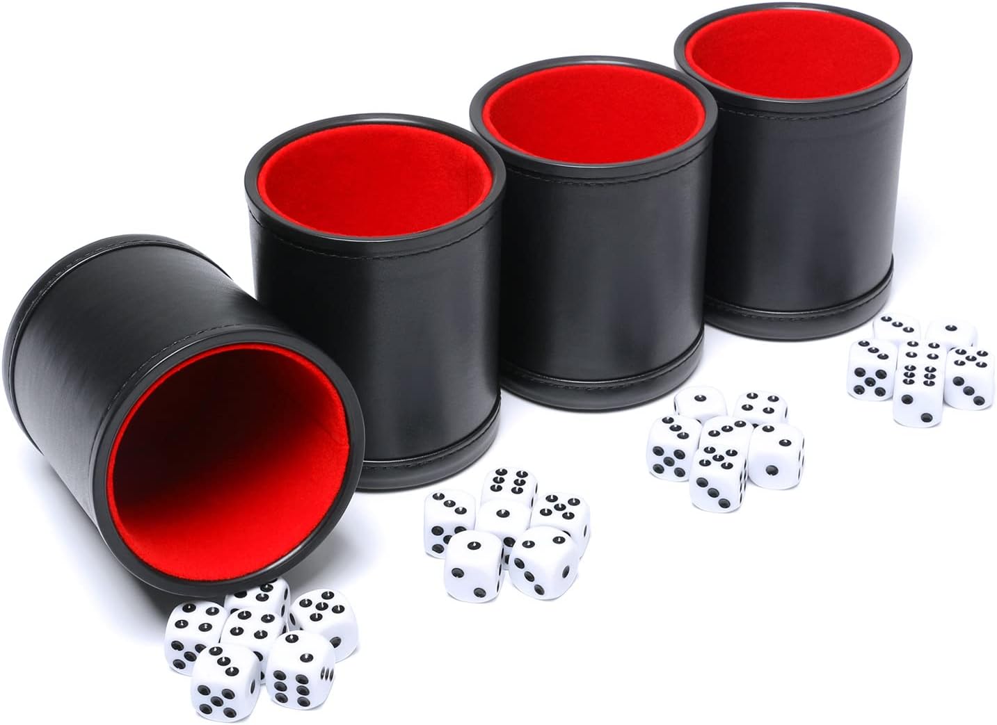Leather Dice Cup Set Felt Lining Quiet Shaker with 6 Dot Dices for Farkle Yahtzee Games,4 Pack (Black)