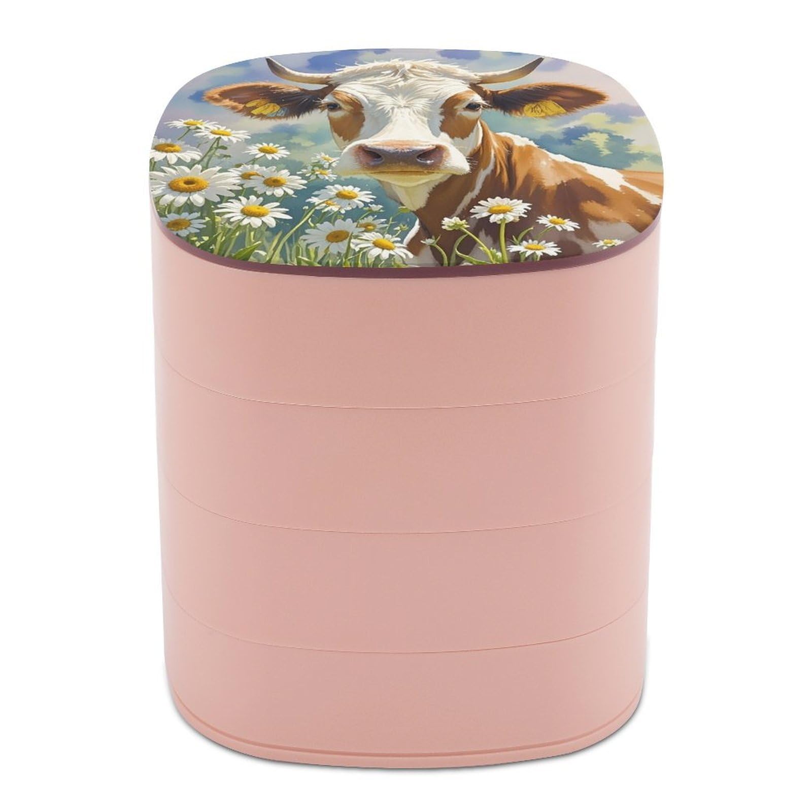 FekiLoot Rotating Watercolor Cow And Daisy Flower Jewelry Box Large Capacity Jewelry Organizer with Mirror 4 Tier Hoop Ring And Earring Holder With Lid Small Travel Jewelry Case for Women