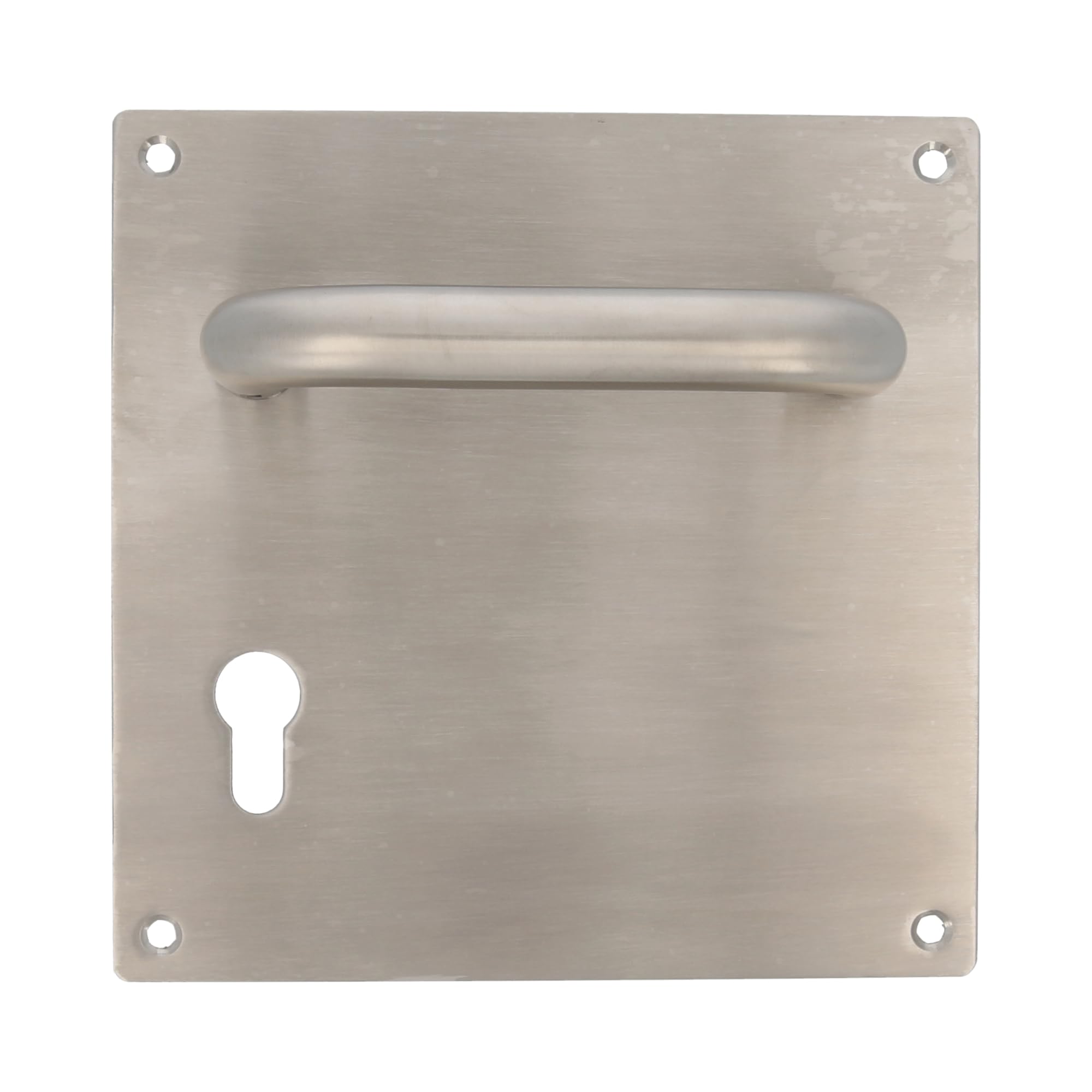Amig - Jeu de poignées avec plaque pour porte | Poignée avec serrure à clé à 70 mm | Mod. 3CB70 | Acier inoxydable 18/8 | 180 x 180 mm | Carré de 8 mm | Argenté mat