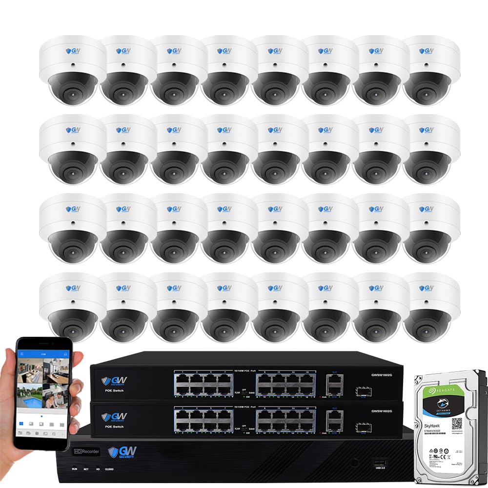GW Security 32 Channel 12MP NVR UltraHD 4K (3840x2160) PoE Security Camera System with 32 x 4K (8MP) IP Microphone AI Dome Camera, 100ft Night Vision,