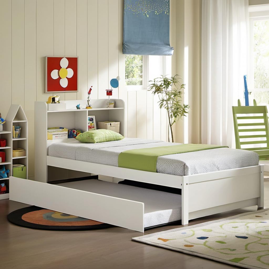 Twin Platform Bed with Trundle and Bookcase for Girls,Boys,Wooden Bed Frames with Headboard,Noise-Free,No Box Spring Needed,White