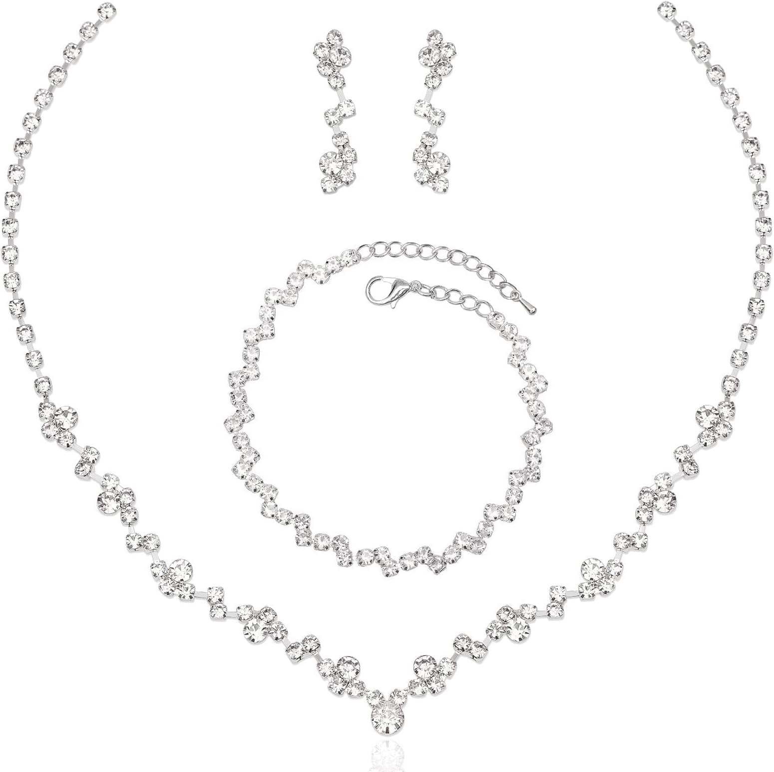 Elegant Necklace Earrings Bracelet Crystal Bridal Wedding Jewelry Sets for Brides Bridesmaid Prom Formal Costume Accessories for Women