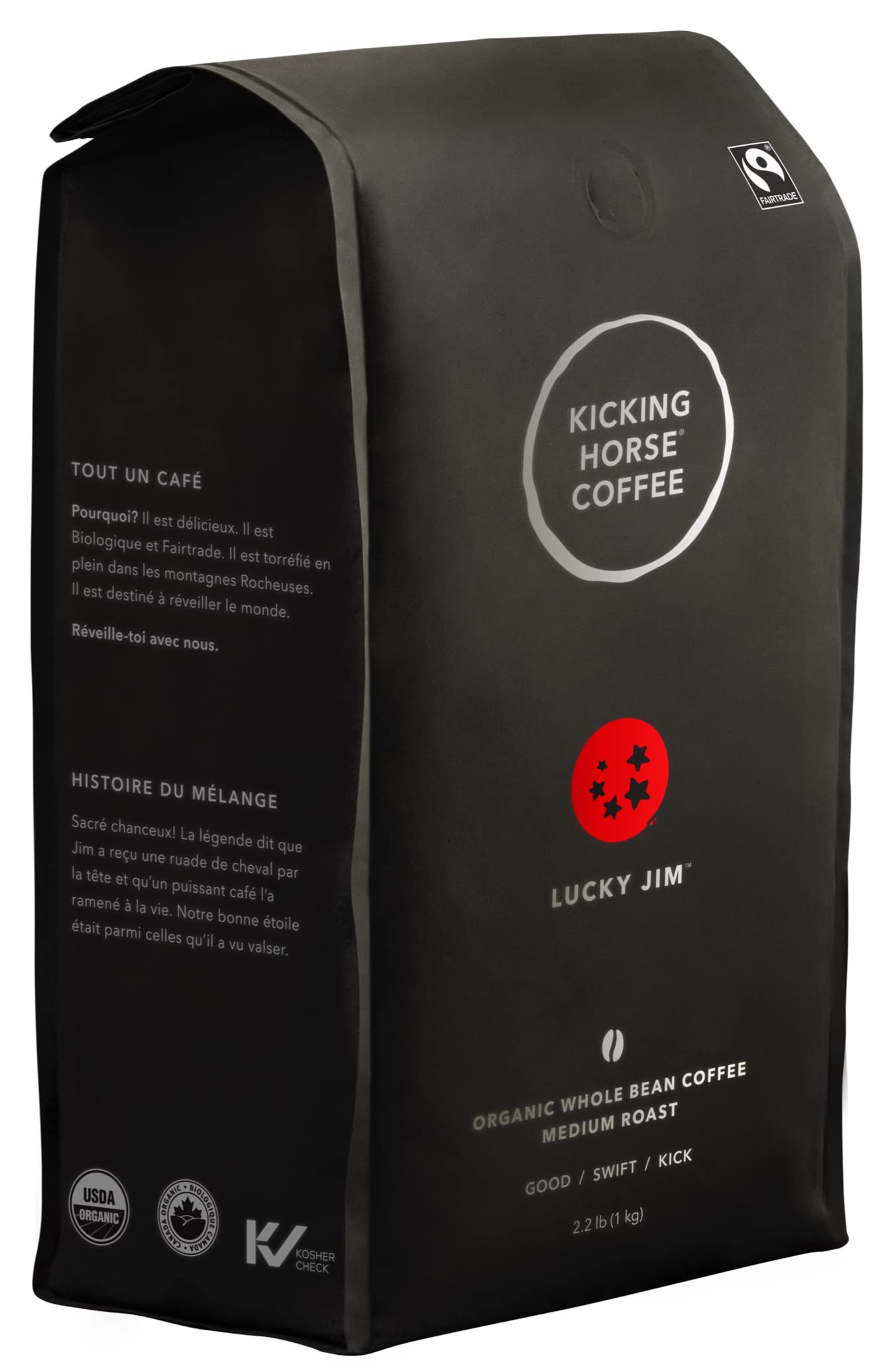 Kicking HorseCoffee Lucky Jim Whole Beans, Medium Roast, Certified Organic Fairtrade, Chocolate, 35 Oz (Package may Vary)USDA OrganicFairtrade InternationalFairtrade InternationalFairtrade InternationalFairtrade International
