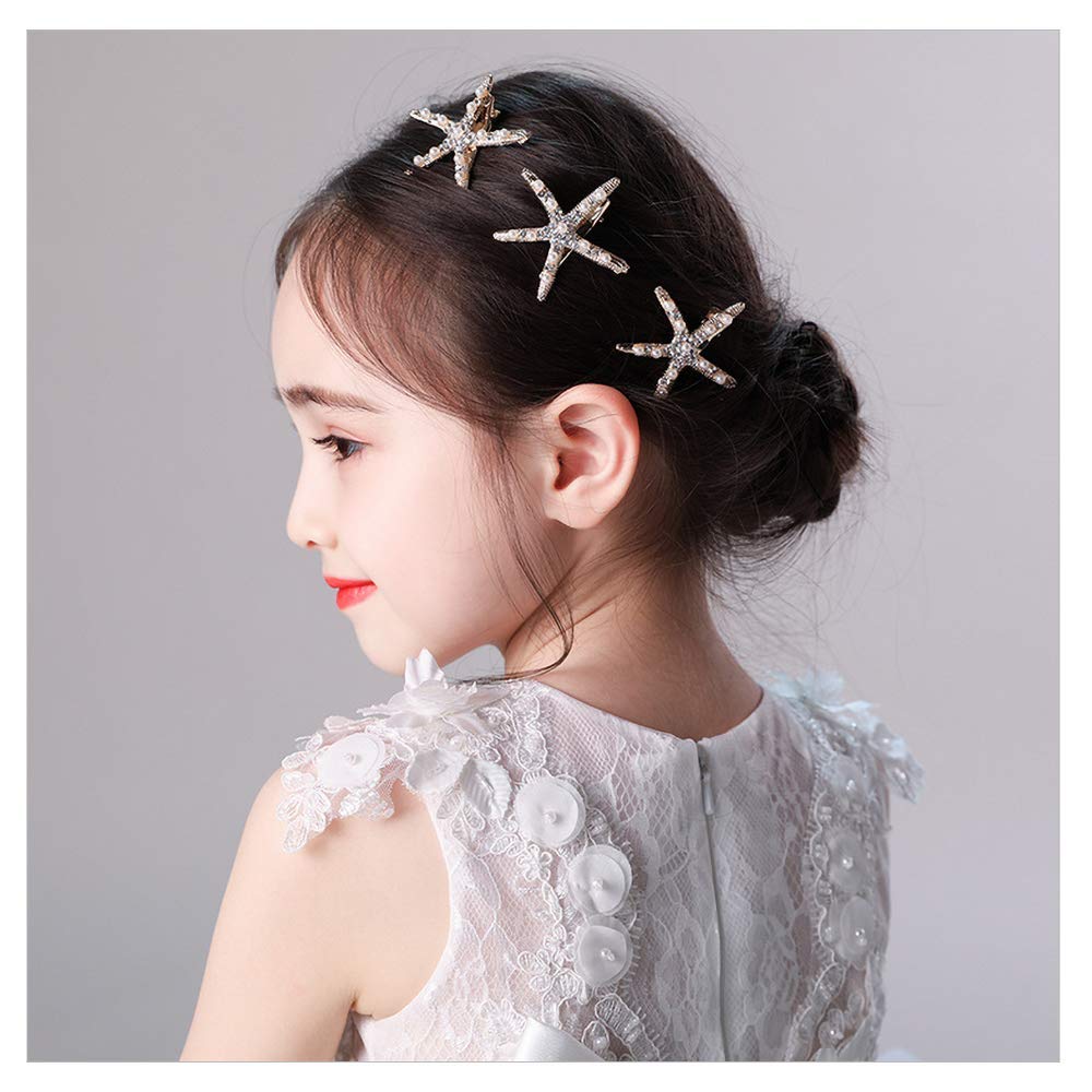 IYOU Princess Gold Starfish Headpiece Pearl Hair Clips Crystal Bridal Wedding Hair Accessories for Flowergirls 3PCS