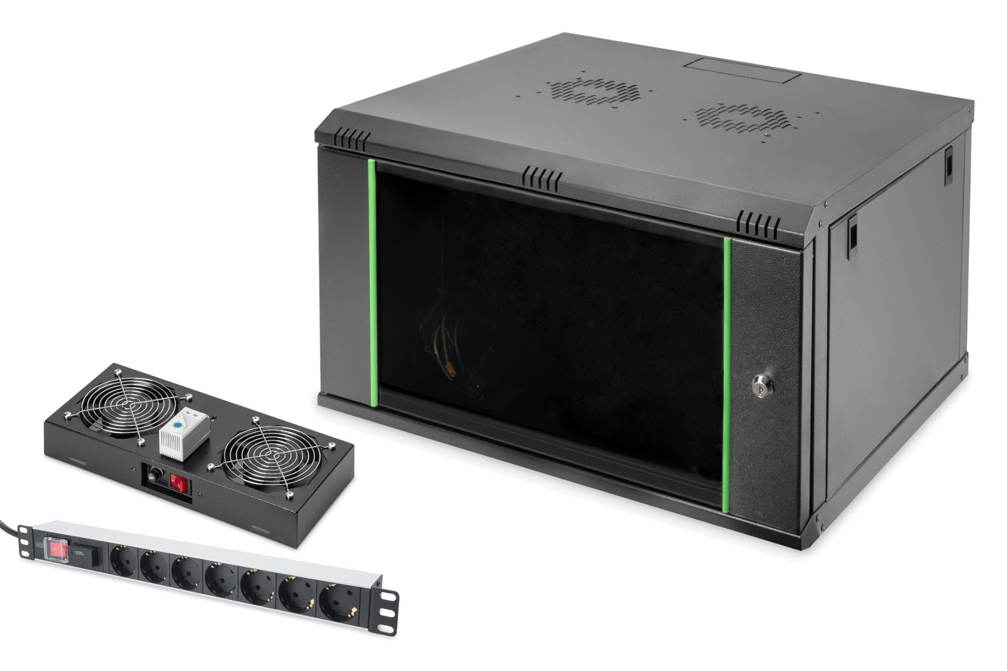 DIGITUS Set: Armoire réseau 19" 7U + Ventilateur de Toit + Bloc multiprise 7 Ports // Rack 19 Pouces - Montage Mural - Profondeur 600mm - Charge 60kg - Profondeur utile 320-450 mm - Noir