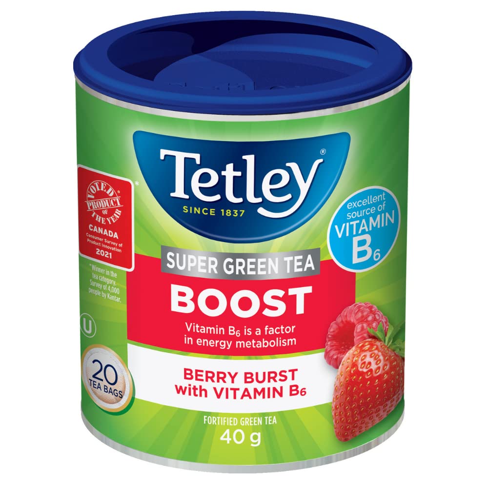 Tetley Super Green Tea Boost: Berry Burst with Vitamin B6, Fortified Fruit Tea - 20 Tea Bags, 40 Grams, Contains Caffeine - 1