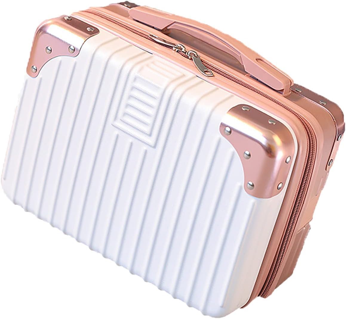 TONSYL Hard Shell Cosmetic Bag Case Travel Hand Luggage Small Portable Carrying Suitcase Makeup Case for Women Organizer Box Vanity Mini Suitcase 14'' Books, Bottles, Clothes (Rose Gold-White)