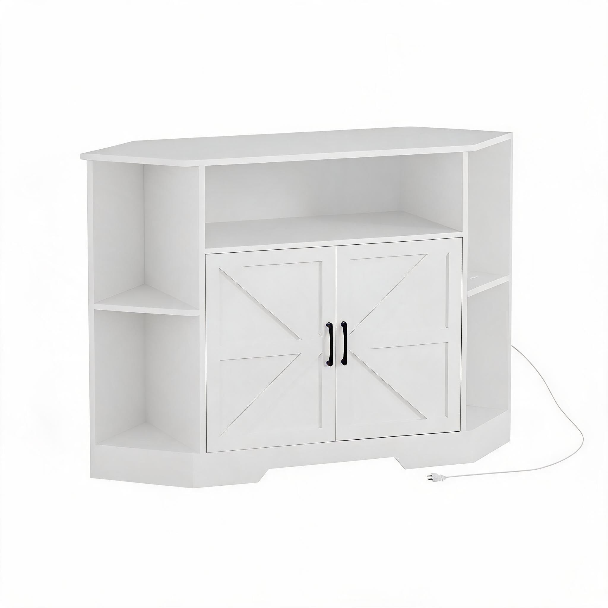 IDEALHOUSE Eck-TV-Lowboard bis 55 Zoll - Modern Farmhouse/Mid-Century TV-Schrank mit Steckdosenleiste - Stauraum mit Schrank & Glasfronten - Farbe: Weiß