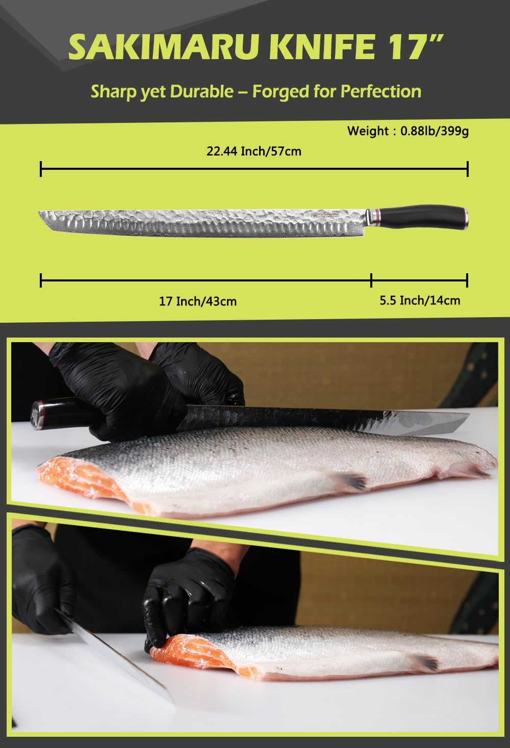 Yousunlong Maguro Bocho - Coltello sujihiki extra large 17 pollici (430 mm) adatto per tonno, salmone, manzo e pecora, manico ebano, custodia in pelle