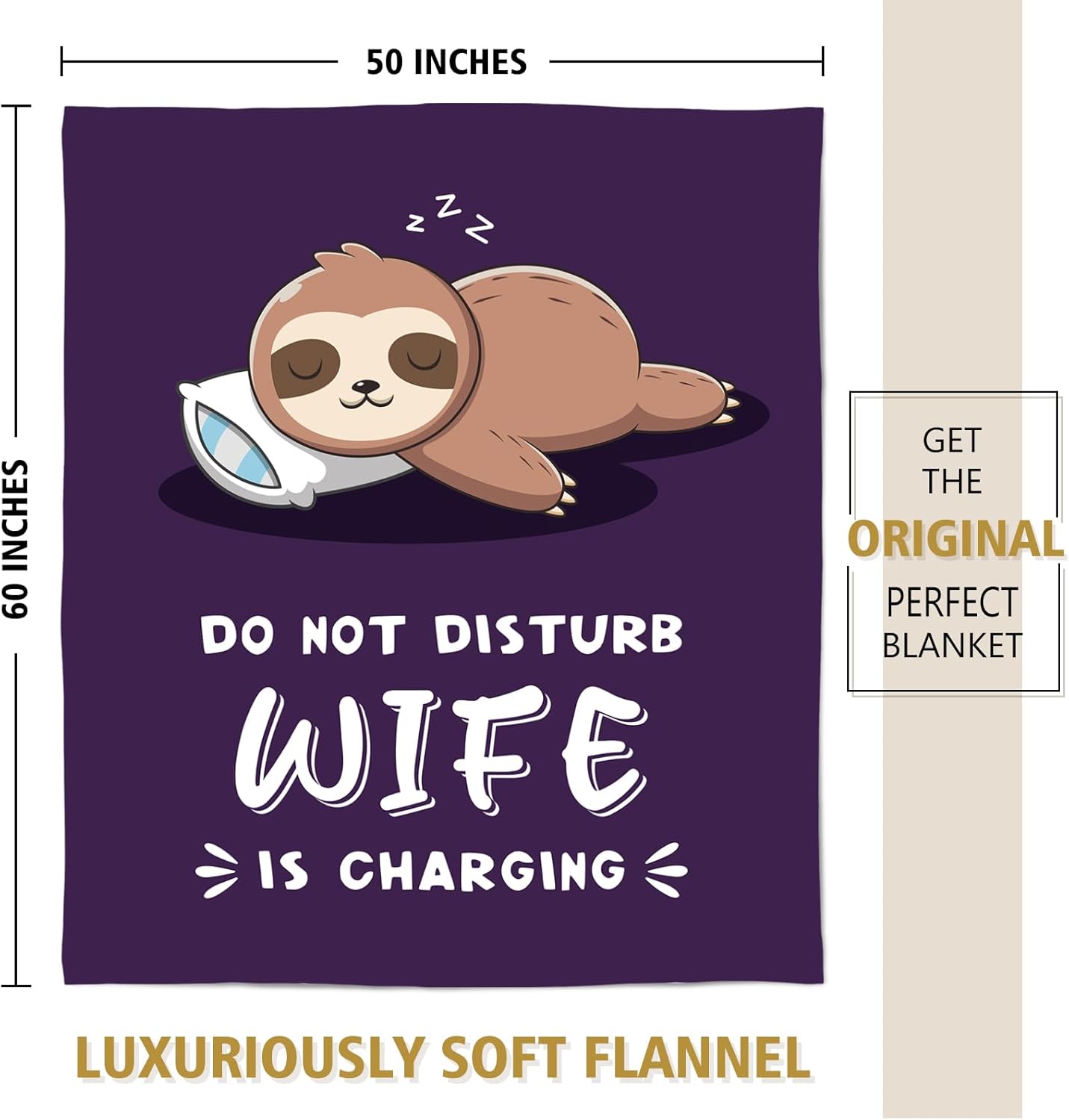 Funny Gifts for Wife Valentines Day, Anniversary Wedding Gifts for Wife, Wifey is Charging Sloth Blanket, Birthday Gift for Wifey from Husband, Gift for Her Christmas 60" x 50", Purple - Image 6