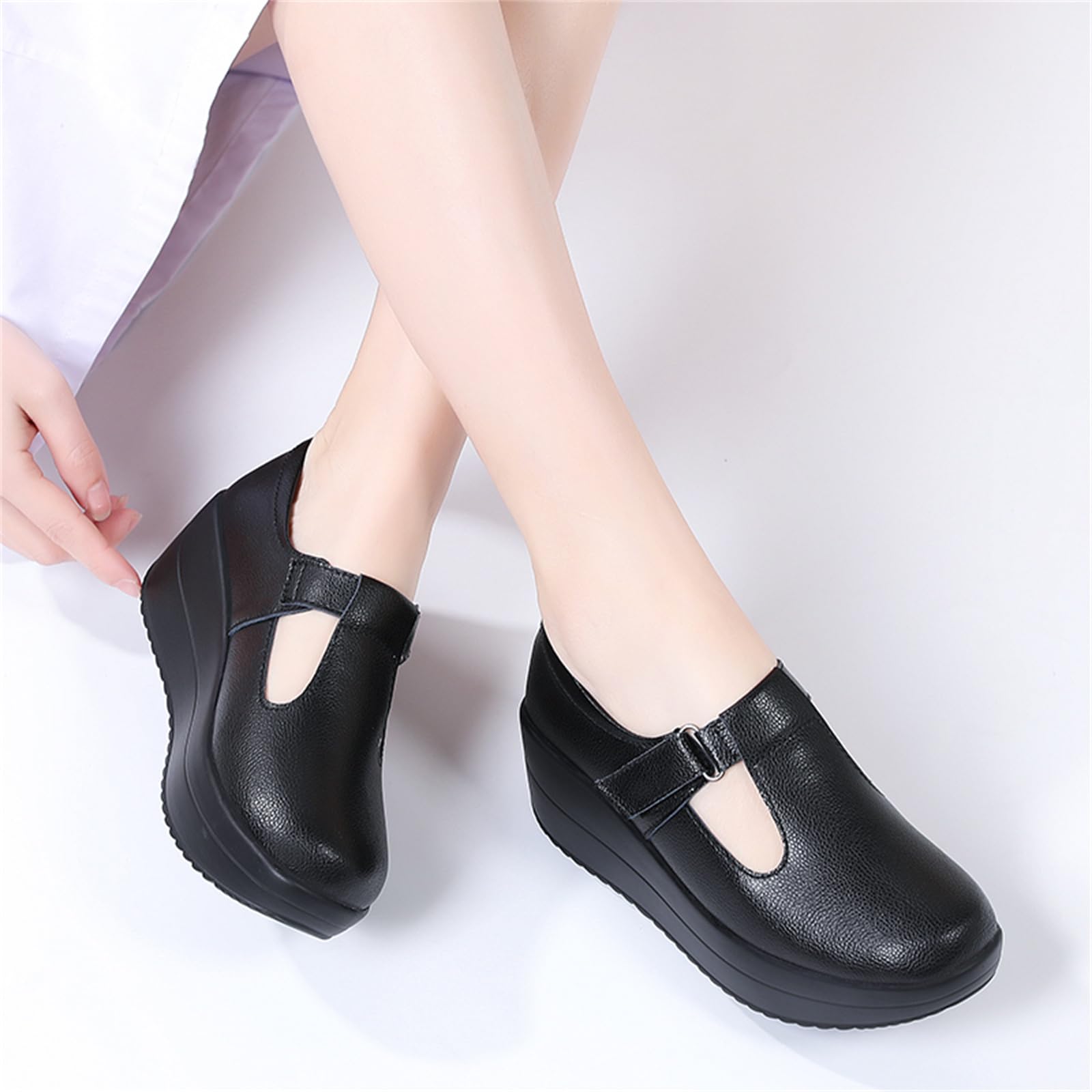 EnllerviiD Women's Mary Jane Platform Round Toe Ankle Strap Low Heel Chunky Uniform Dress Wedge Nurse Shoes Comfort Walking Shoes Black 38