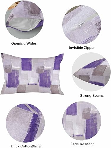 Miniatura 5 de Juego de 2 fundas de almohada lumbar, diseño abstracto, morado, marrón, gris, pintura geométrica, graffiti, algodón y lino, para sofá, sala de