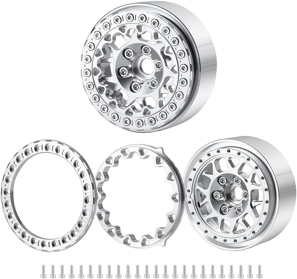 RCLIONS 1.9inch Beadlock Wheels Aluminum Rims for AXIAL SCX10 SCX10 II 90046 SCX10 III AXI03007 TRX4 1/10th RC Crawler Truck Car (Silver)