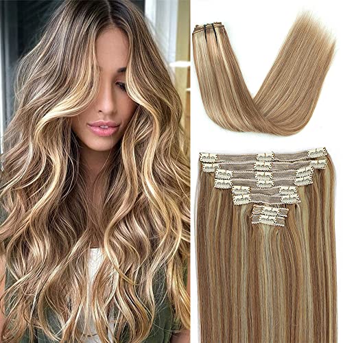 Goulus Balayage Clip In Hair Extensions Real Human Hair Extensions Clip Ins Chestnut Brown Mixed Bleach Blonde Straight Human Hair Extensions 120g 8Pcs (20 Inch, #6-613)