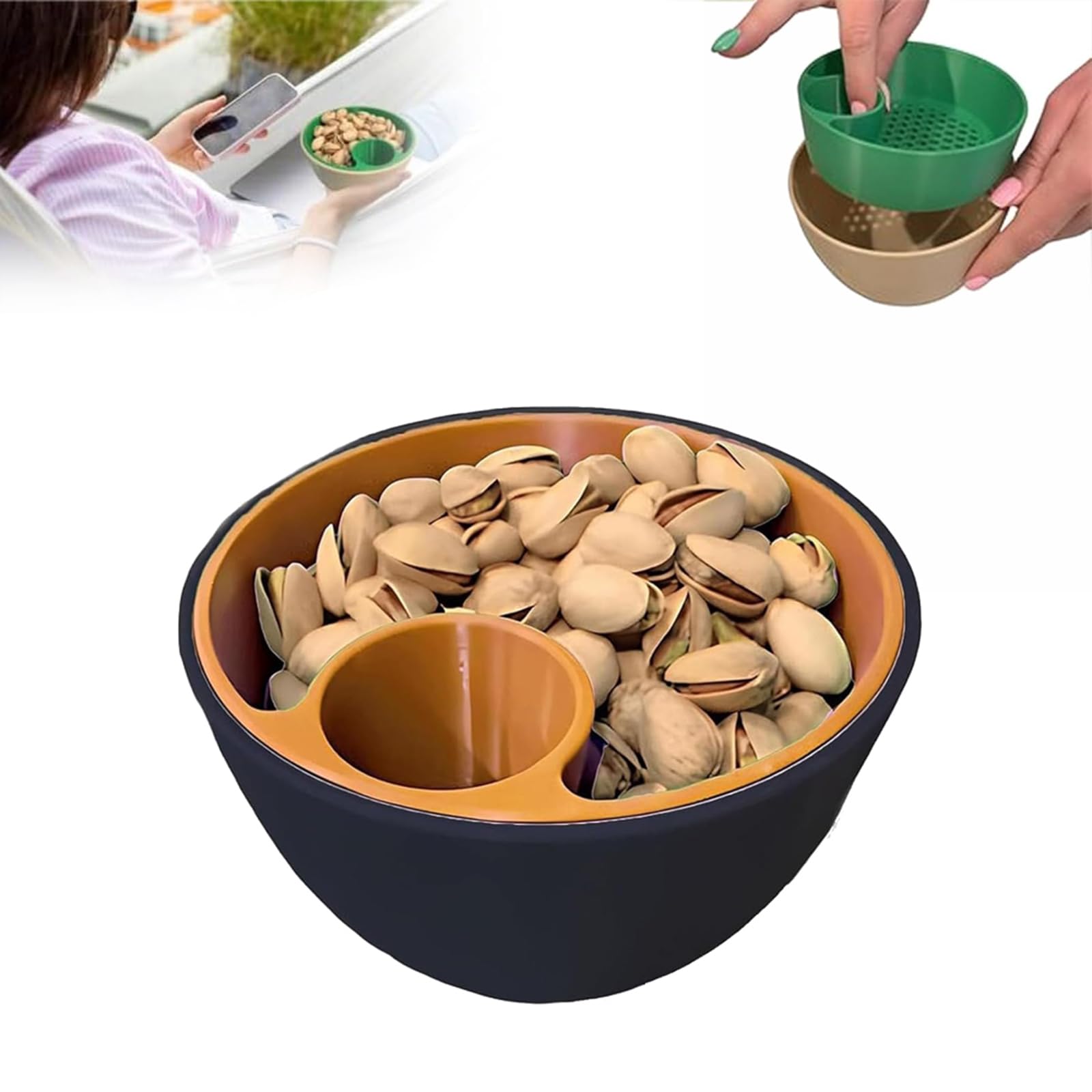 Flkaskf 3D Printed Nut & Seed Bowl, 2025 New Dual-Chamber Pistachio Bowl Set with Shell Storage Holder, Large Double Dish Snack Serving Bōwl for Pistachios, Peanuts, Edamame, Nuts, Fruits (A Type*1)