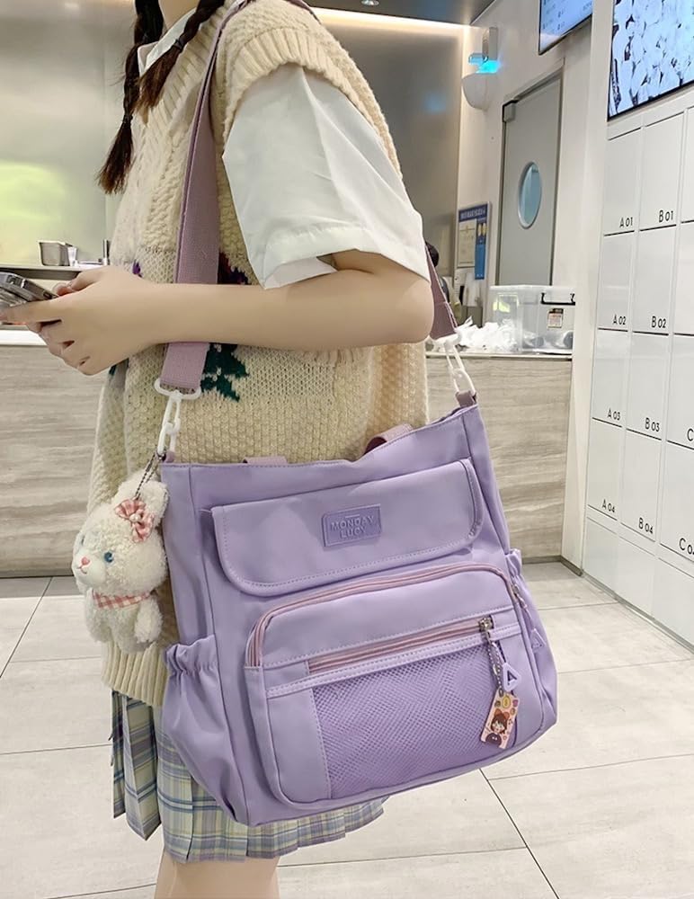 Kawaii Crossbody Bag with Plushies Preppy Crossbody Bag Solid Vanilla Aesthetic Messenger Bag Shoulder Tote Bag
