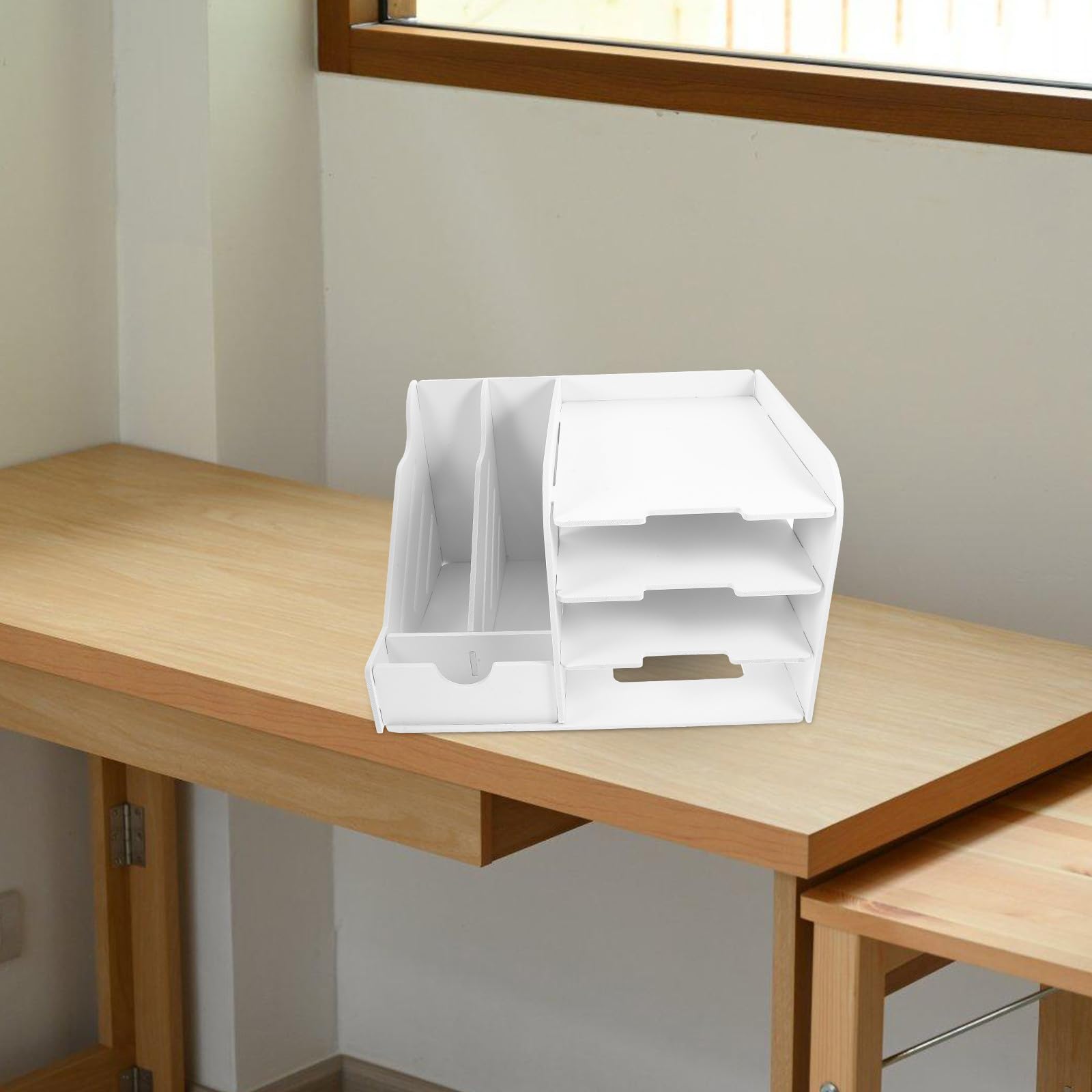 Porta Documenti da Scrivania a 4 Livelli, Bianco, Legno Plastico