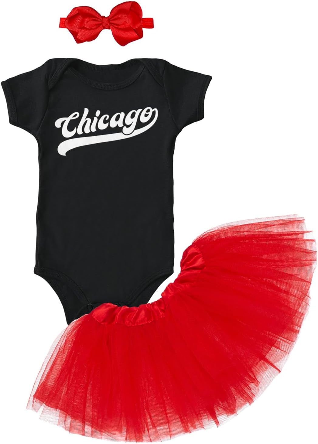 Chicago - Baseball Jersey Style Script Baby Bodysuit + Tutu Skirt + Bow Headband Set