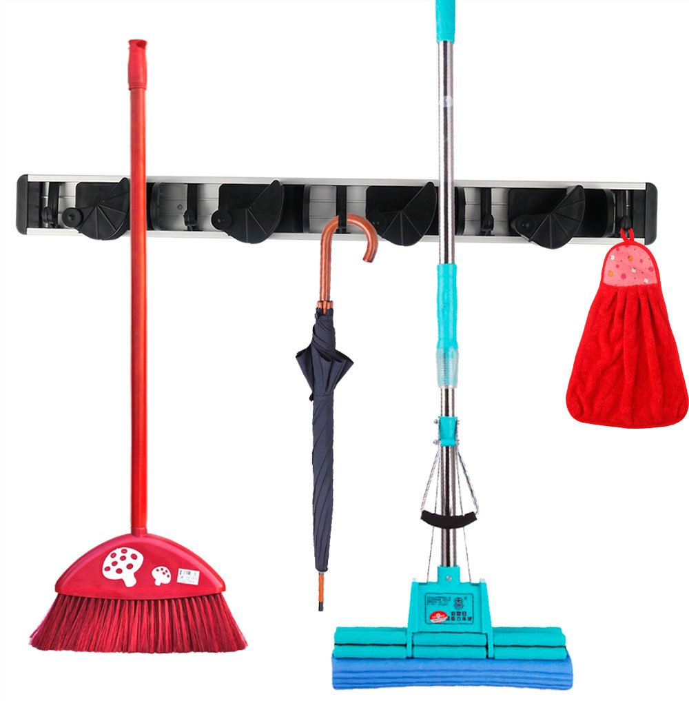 Wall Mounted Mop and Broom Holder, Flexible 4 Positions & 5 Hooks Garage Storage, Broom and Mop Organizer for House and Garage (Black)