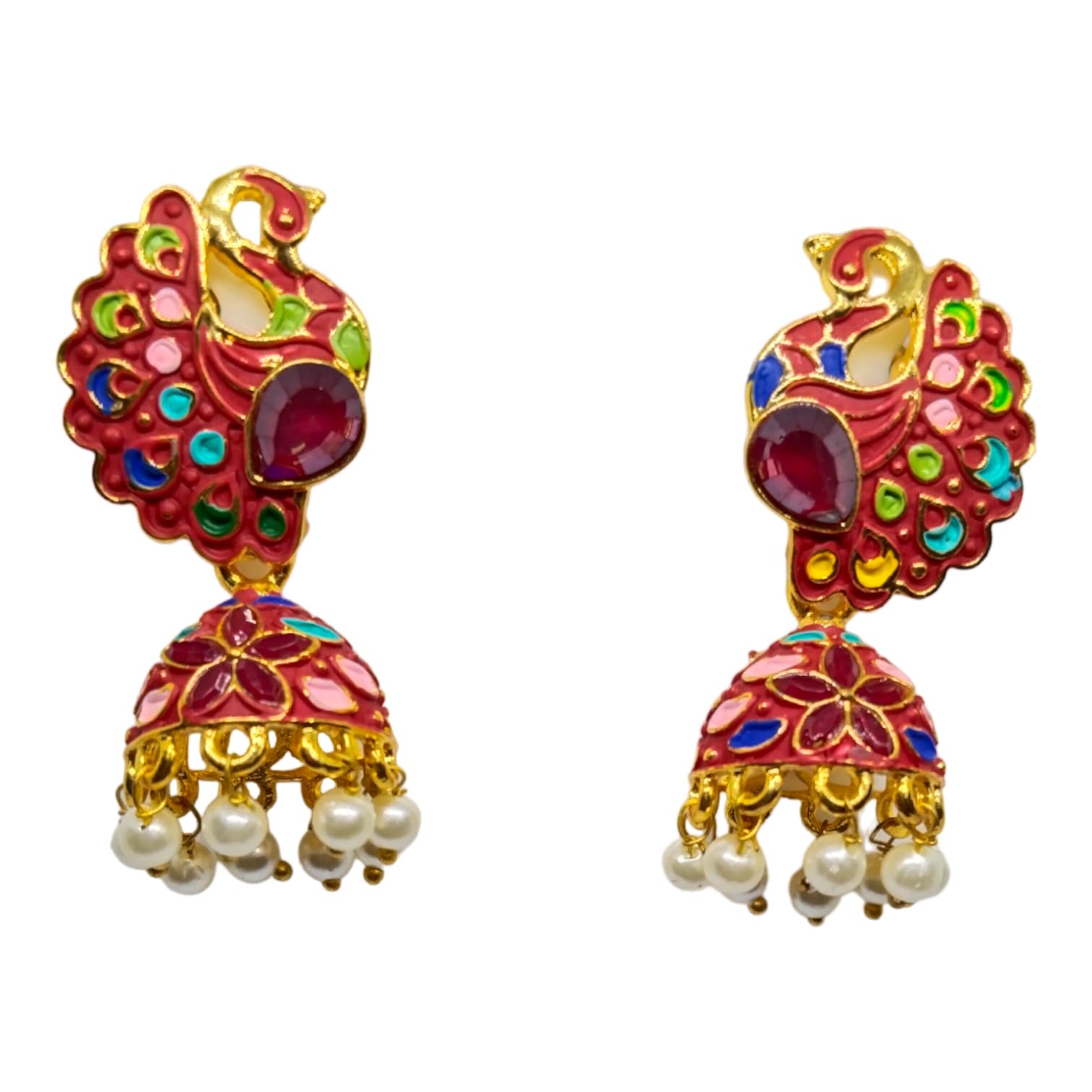 NEXUS HANDICRAFTSLatest Collection: Gold-Plated Multicolor Peacock Designed Jhumka Earrings Set with White Pearl Drops for women and girls.