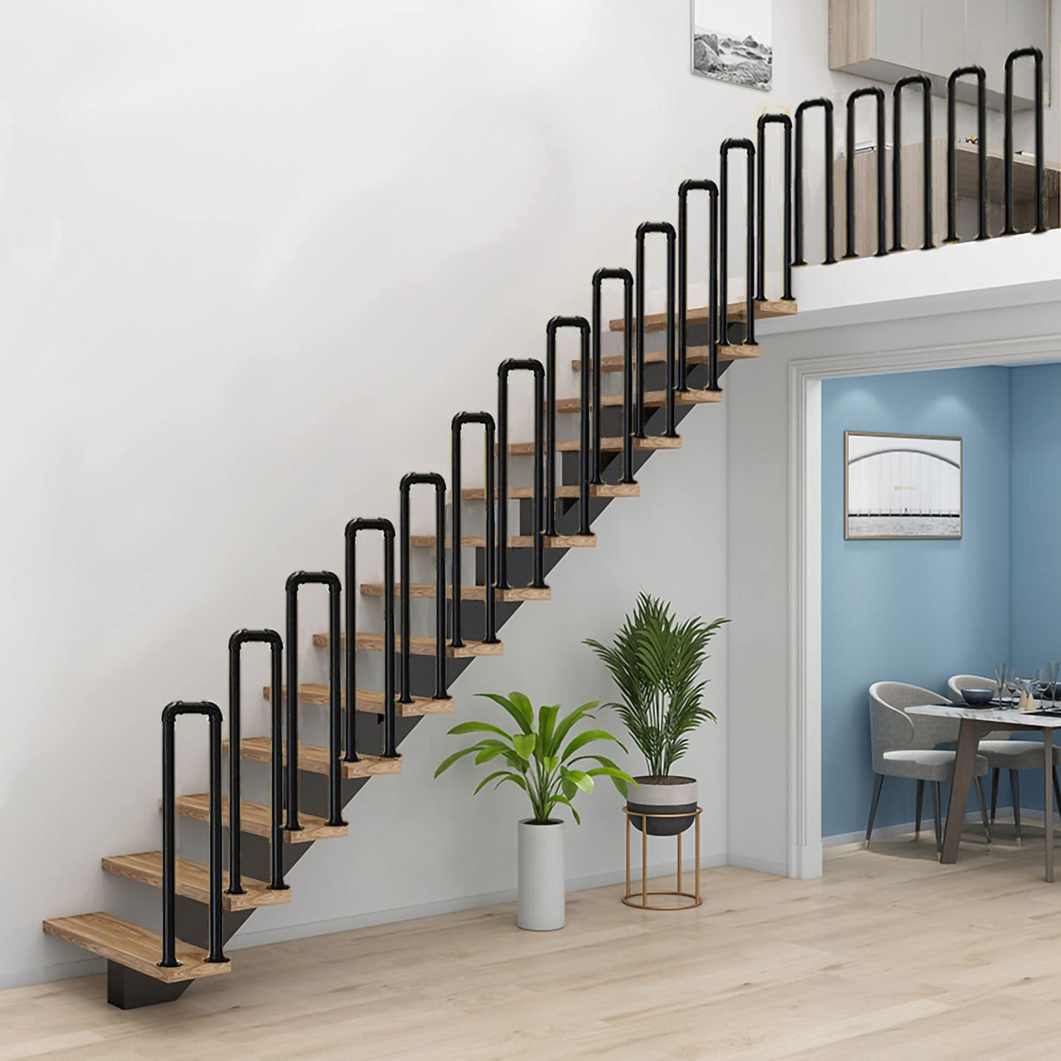 foriy U-Shaped Stair Handrail Industrial Iron Hand Rail U-Shaped Industrial Railing Handrails for Stairs Porch Deck, Safety Non-Slip Support Railing for Steps Loft Corridor