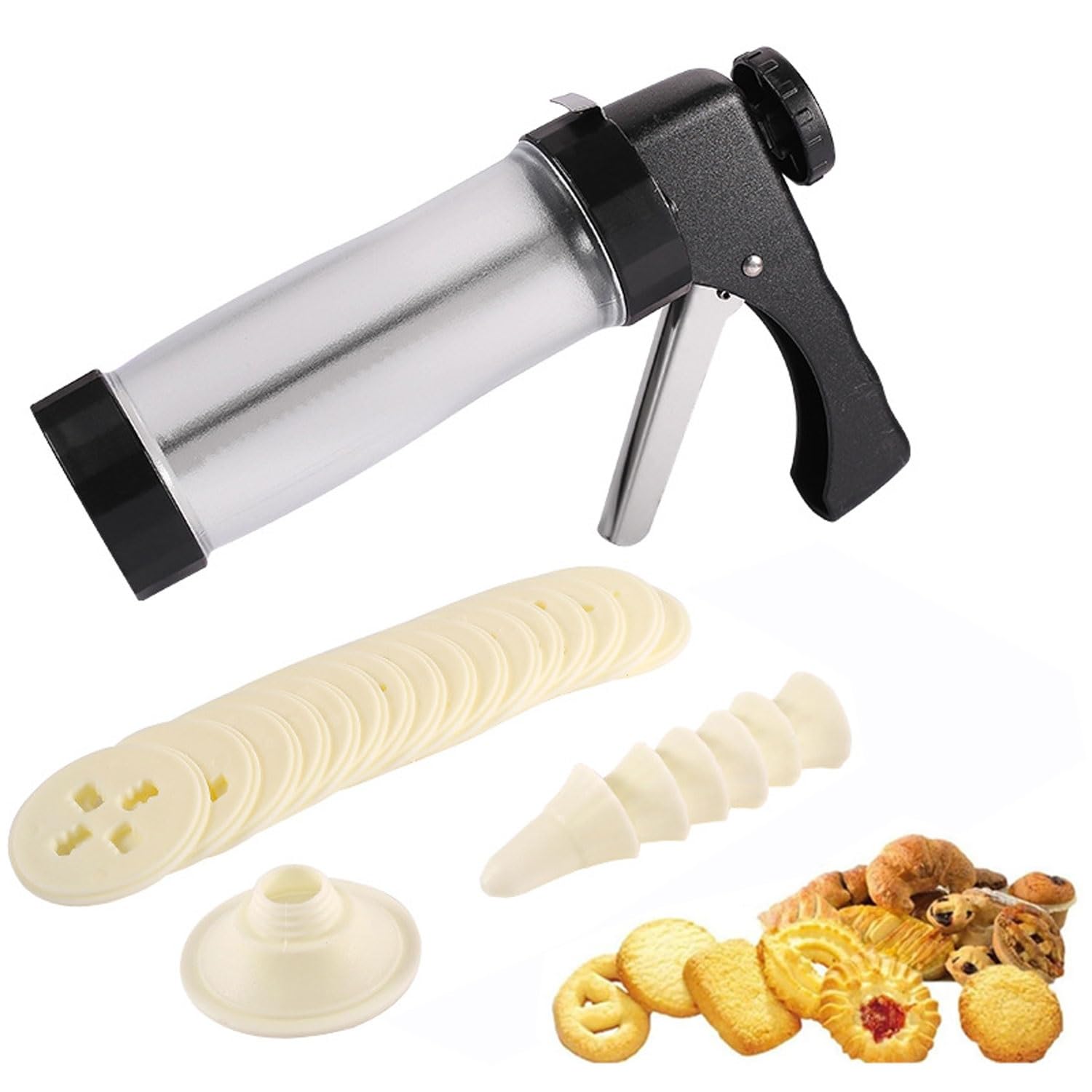 Máquina para hacer galletas con 16 discos de prensa de galletas y 6 puntas de glaseado, herramienta perfecta para hacer galletas Spritz, churros, chocolate y dulces