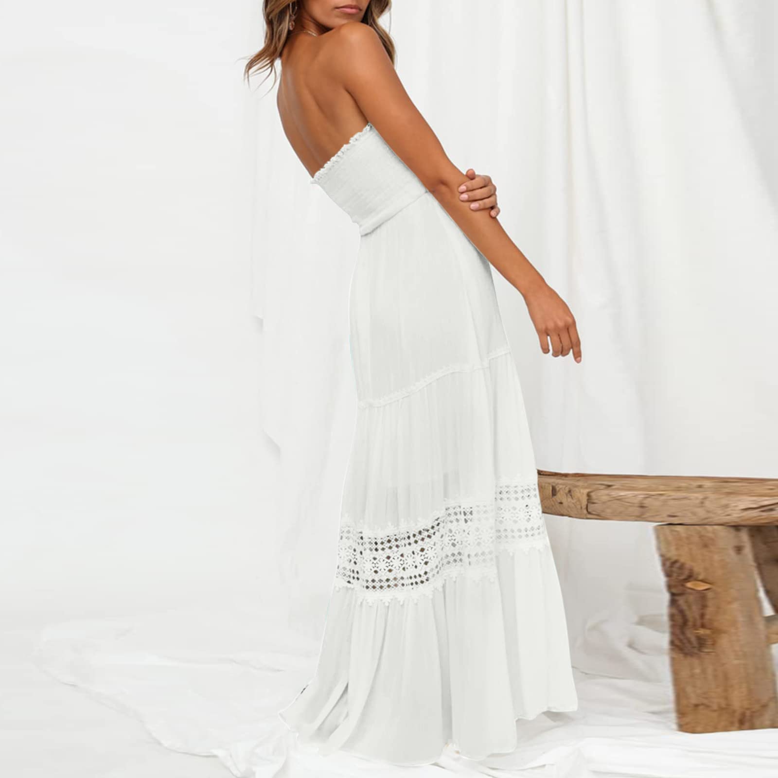 Vestito da Sposa Donna, Senza Spalline, con Bordo in Pizzo, Design A Schiena Scoperta, Svasato, Lungo Maxi Abito da Spiaggia, Abbigliamento Primavera, Sexy, Curvy, da Cerimonia