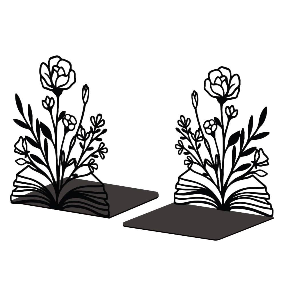 Peacoblue Metal Bookends for Shelves, Modern Decorative Heavy Duty Study Book Support Stoppers for Office, Desk, Shelf, Room 5.3"x4.3"x7.9" Cast Iron Simple Tall Bookends, 1 Pair (Books and Flowers) โ image 1