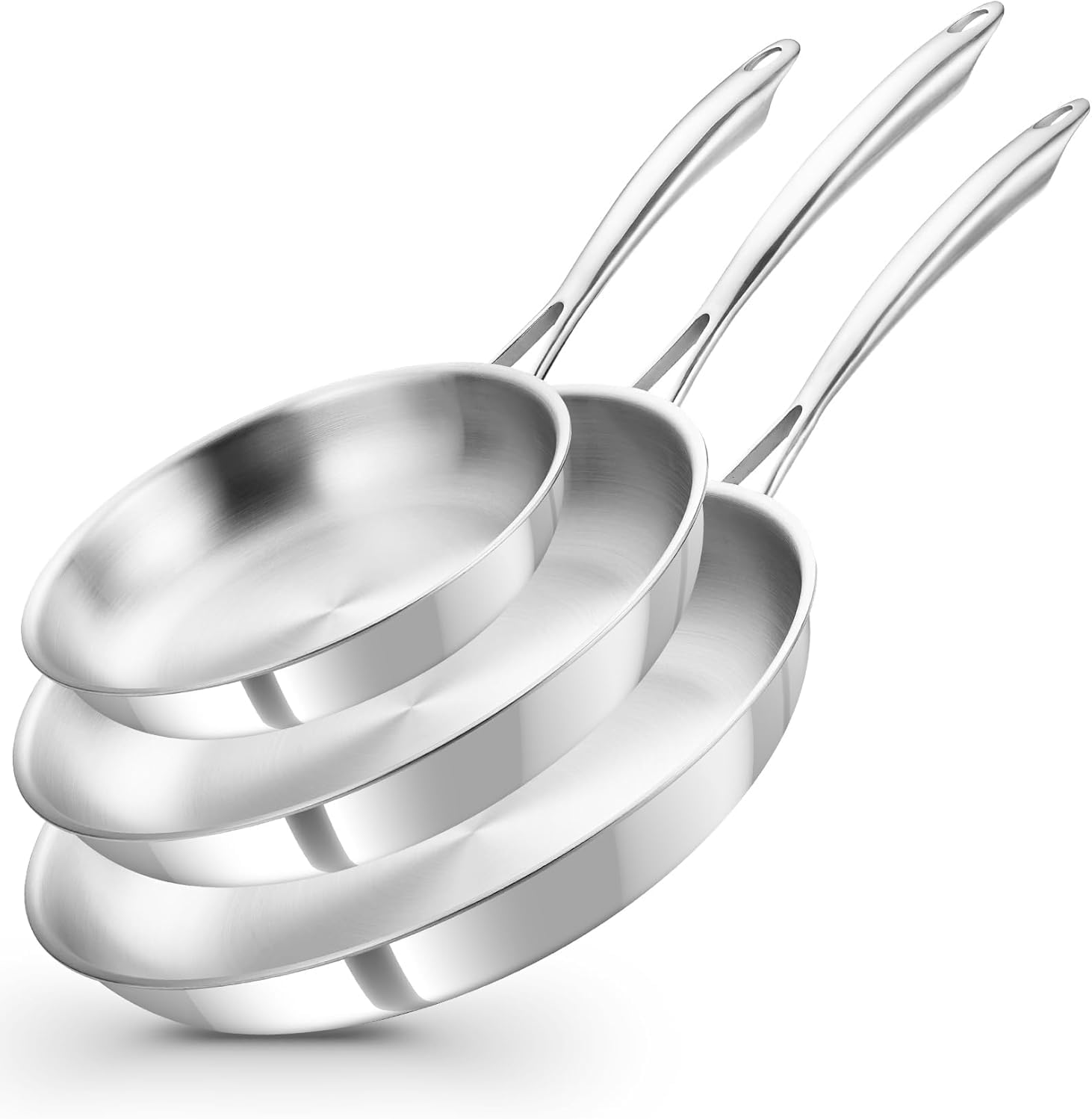 KOCH SYSTEME CS Stainless Steel Pan Set of 3, 8"&10"&12" Tri-Ply Stainless Steel Frying Pan Set with Stay-Cool Handle, Non-Toxic Staninless Steel Skillet, Fast & Even Heat Induction Compatible