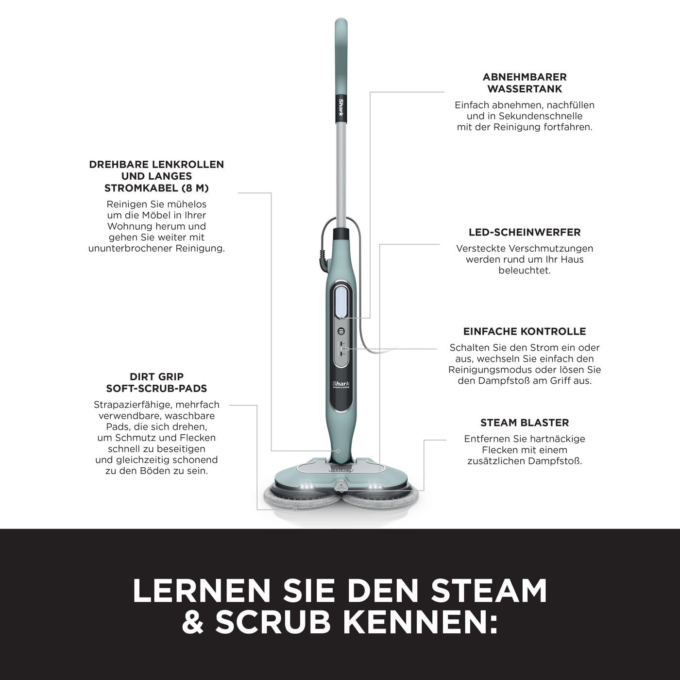 Shark Dampfreiniger Mop, automatisch, mit Steam Blaster, 6 Schmutzfänger-Pads, 3 Dampfstufen, bei Flecken und Schmutz, hygienische Reinigung für versiegelte Hartböden, 8m Kabel, Salbei-Grün, S8201EUCP