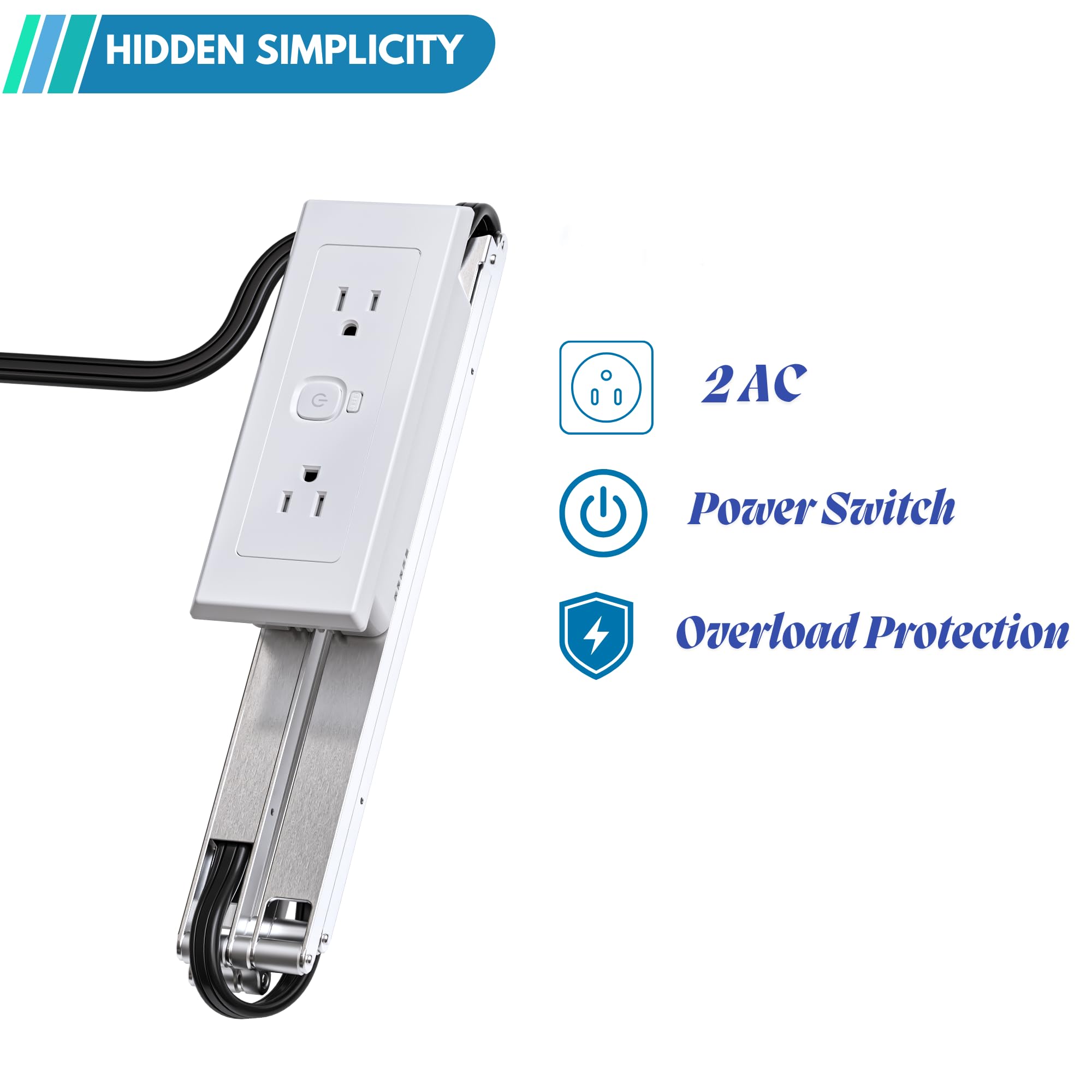 Kit de sortie de tiroir 2 AC avec bande de charge encastrée pour coiffeuse, bureau, table de chevet, câble d'alimentation 14 AWG pour cuisine, chambre à coucher, blanc