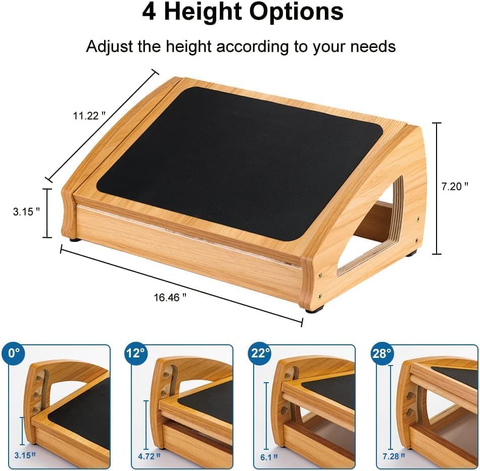Condition photo showing New/Like New for strongtek ergonomic under desk footrest, 3 adjustable heights wooden office footrest, large anti-slip surface, improves posture and blood circulation, up to 400lbs (natural)