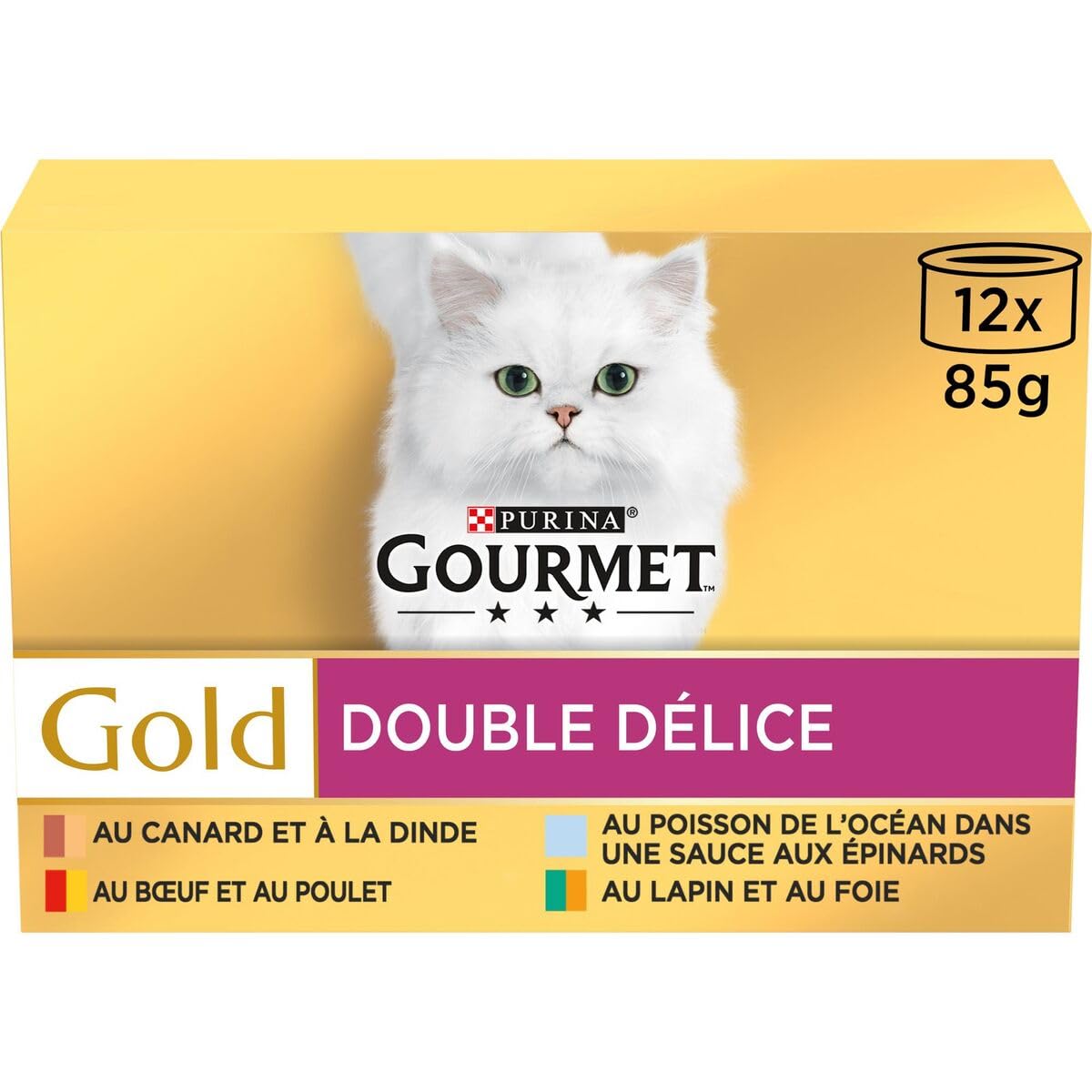 GOURMET | Gold | Double Délice | Chat Adulte | Filettines en Sauce | Bœuf et Poulet, Lapin et Foie, Poisson de l'Océan Sauce aux Epinards, Canard et Dinde | Boîtes | Lot de 8 (12 x 85 g)