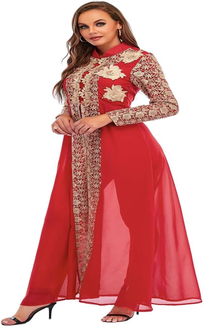 Dubai Vintage 2PCS Abaya Set:Gold Embroidered Floral Chiffon Dress and Pants,African Dashiki Maxi
