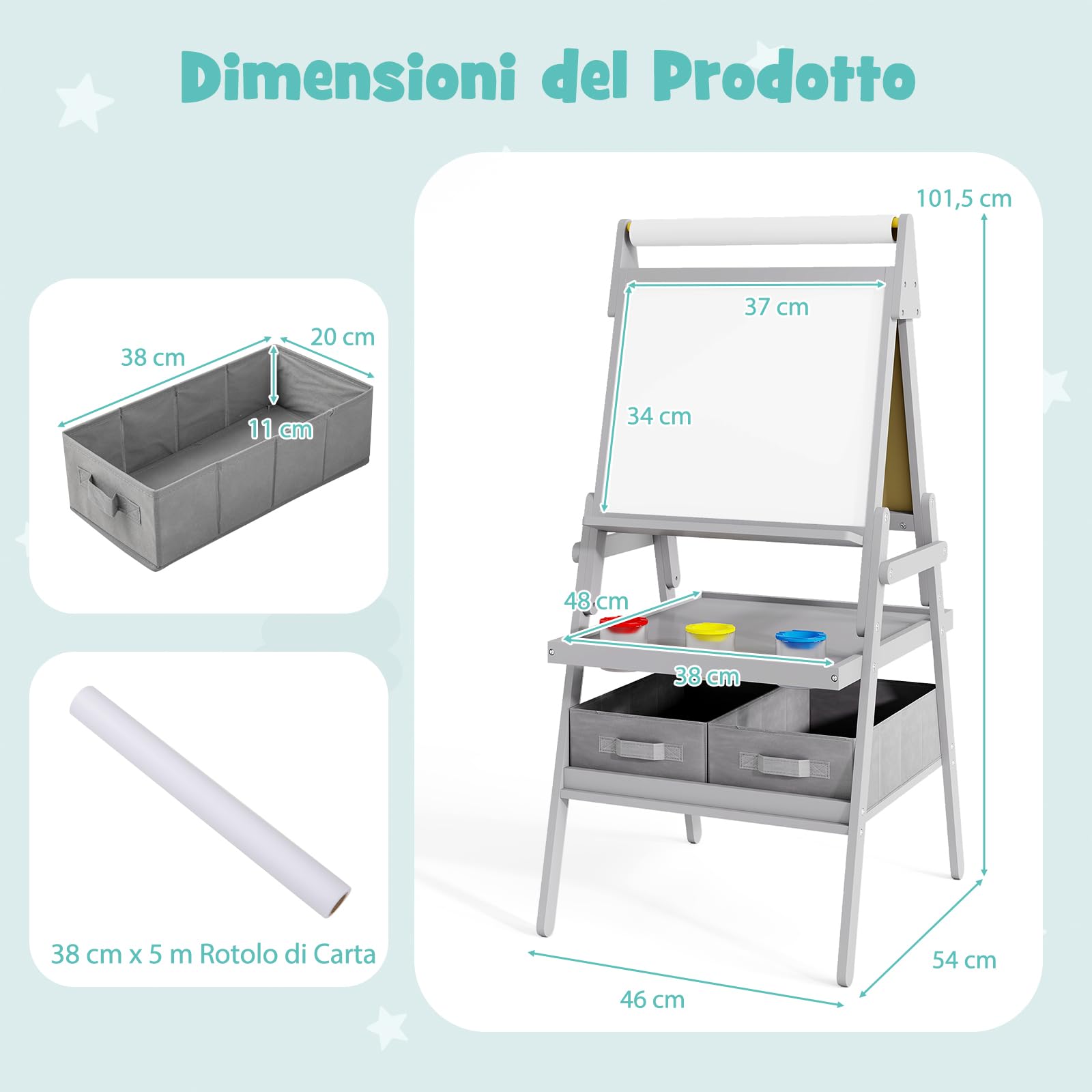 RELAX4LIFE 3 in 1 Lavagna per Bambini, Cavalletto con Doppia Faccia Magnetica e Lavagna Bianca, Rotolo di Carta, Scaffale Doppio e 2 Cesto in Tessuto Pieghevole, 3 Tazze, per 3+ Anni