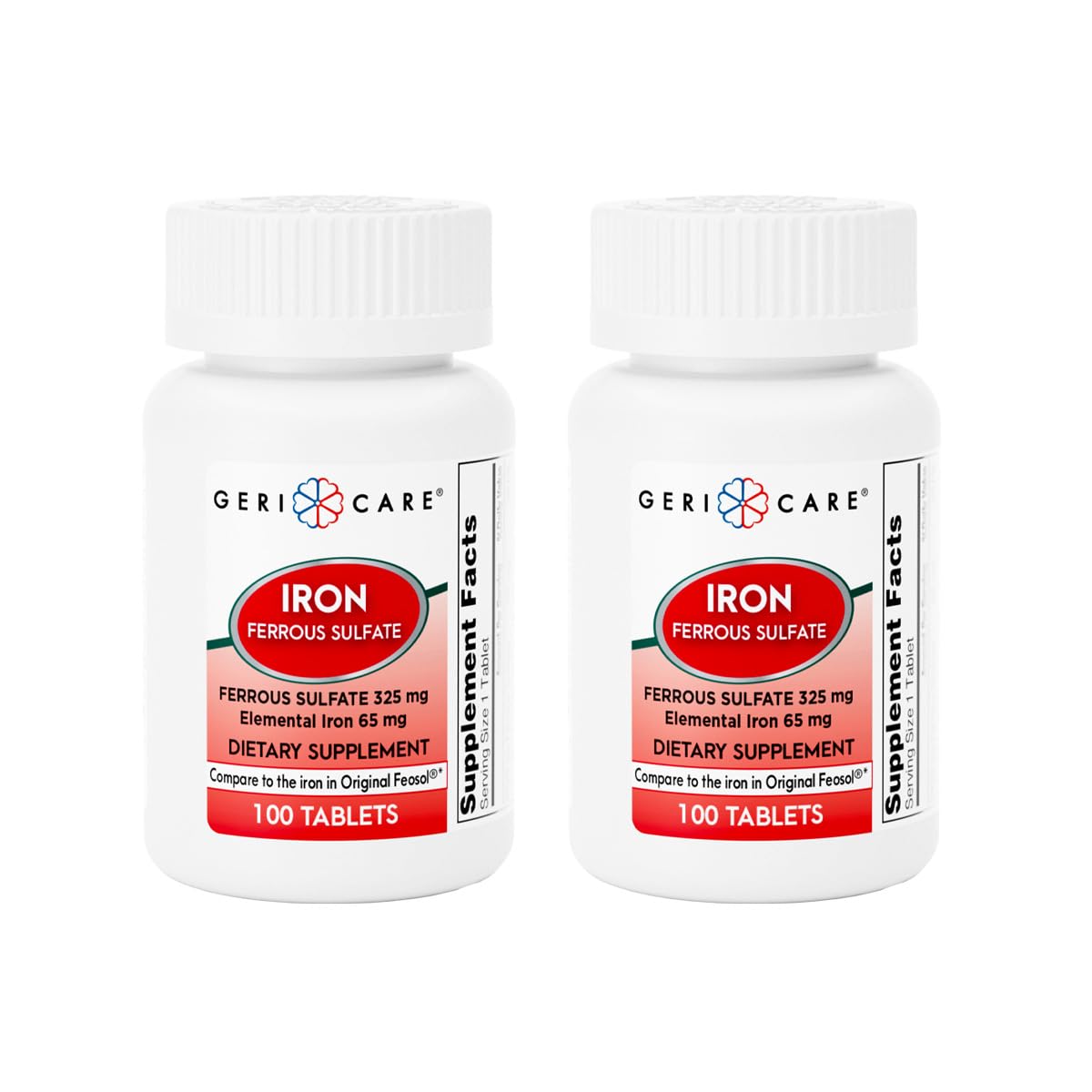 GeriCare Ferrous Sulfate Tablets 325mg, Elemental Iron 65 mg High Potency Iron Supplement | Dietary Supplement 100 Count. (Pack of 2) 100 Count (Pack of 2)