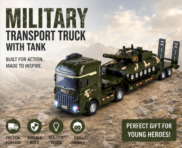 Image of Military Transport Truck with Tank Toy for Kids | Army Carrier Trucks with Movable Tank & Loading Ramp | Friction Powered Pretend Play Toy Vehicle for 3+ Years Boys & Girls