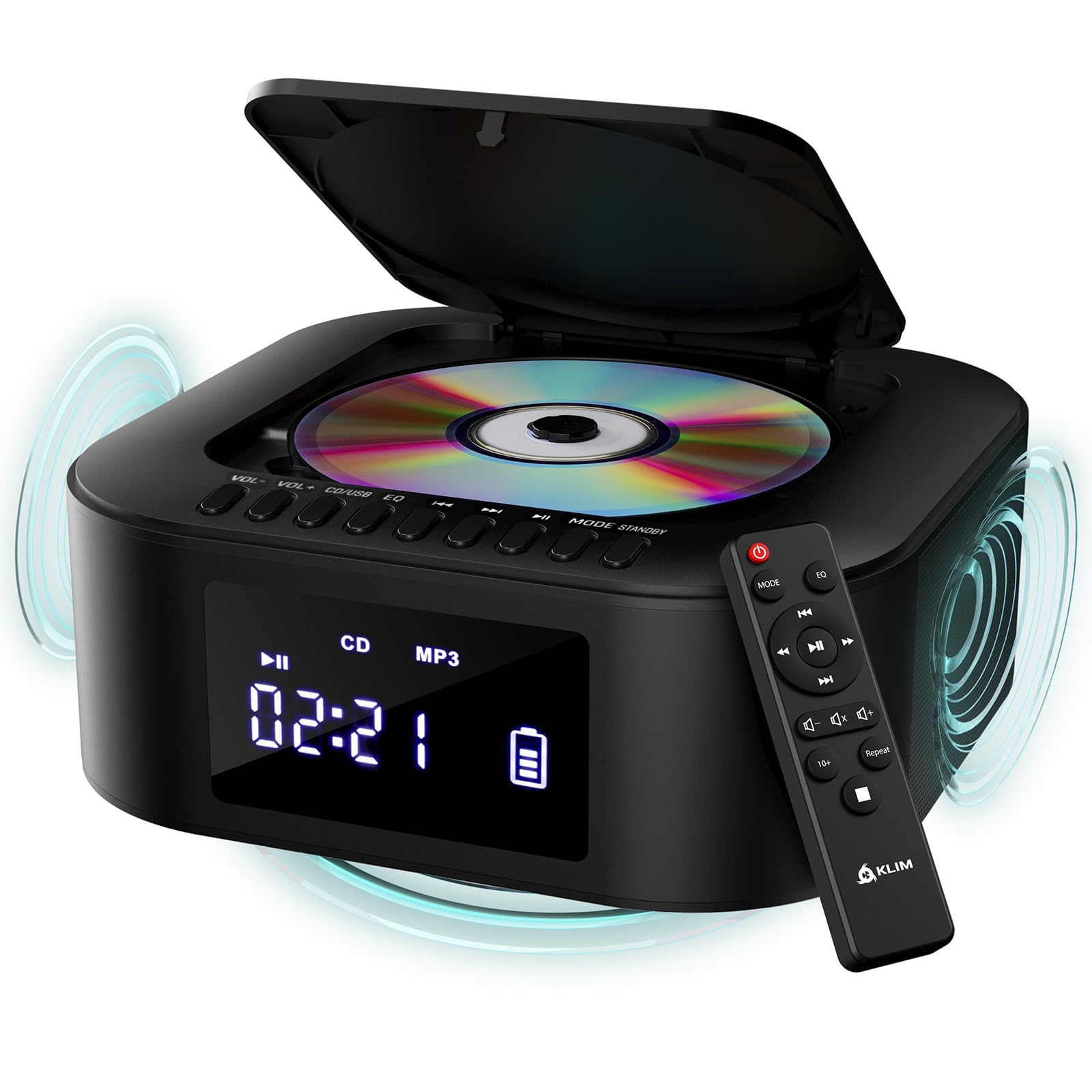 KLIM Boombox E1 – Portable CD Player with Subwoofer – Extra Bass, Bluetooth, FM Radio, USB, AUX, MP3 – Rechargeable Battery, Wired & Wireless Modes, Remote Control – Black/Silver
