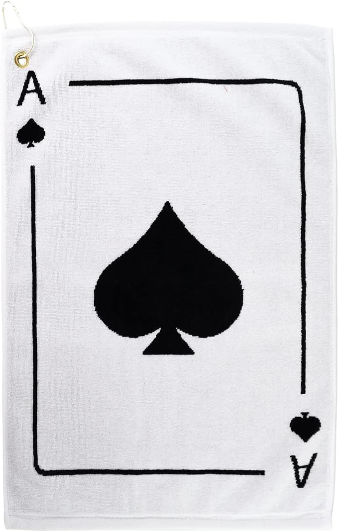 Player Supreme Golf Poker Ace of Spades Golf Towel. Cotton Sports Towel with Metal Bag Clip. White & Black Reversible Large (16" x 24")