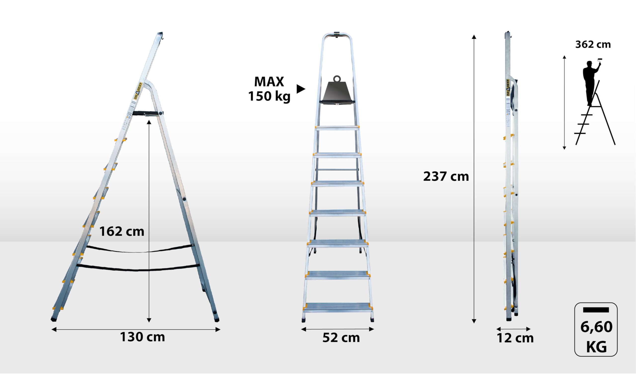 Drabest - PRO Haushaltsleiter - Stehleiter - 8 Stufen - Arbeitshöhe 3,62m - Klappleiter aus Aluminium, max. 150 kg, mit Praktischem Haken - Aluleiter mit Plattform 25x26 cm, rutschfeste Füßen