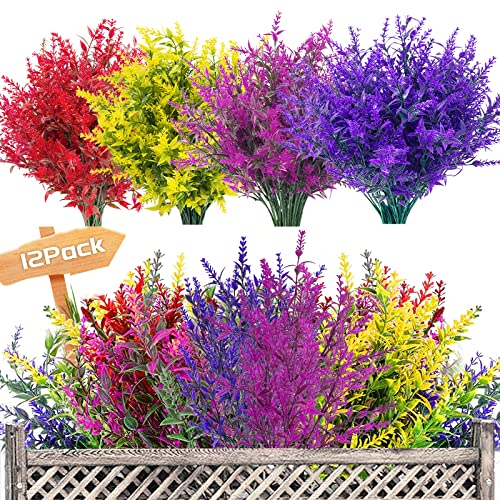 Garlag 12 Bundles Artificial Lavender UV Resistant Plants Outdoor Faux Flowers Shrubs for Floral Arrangement, Indoor Outside Hanging Garden Home Wedding Farmhouse Decor (FourColor)