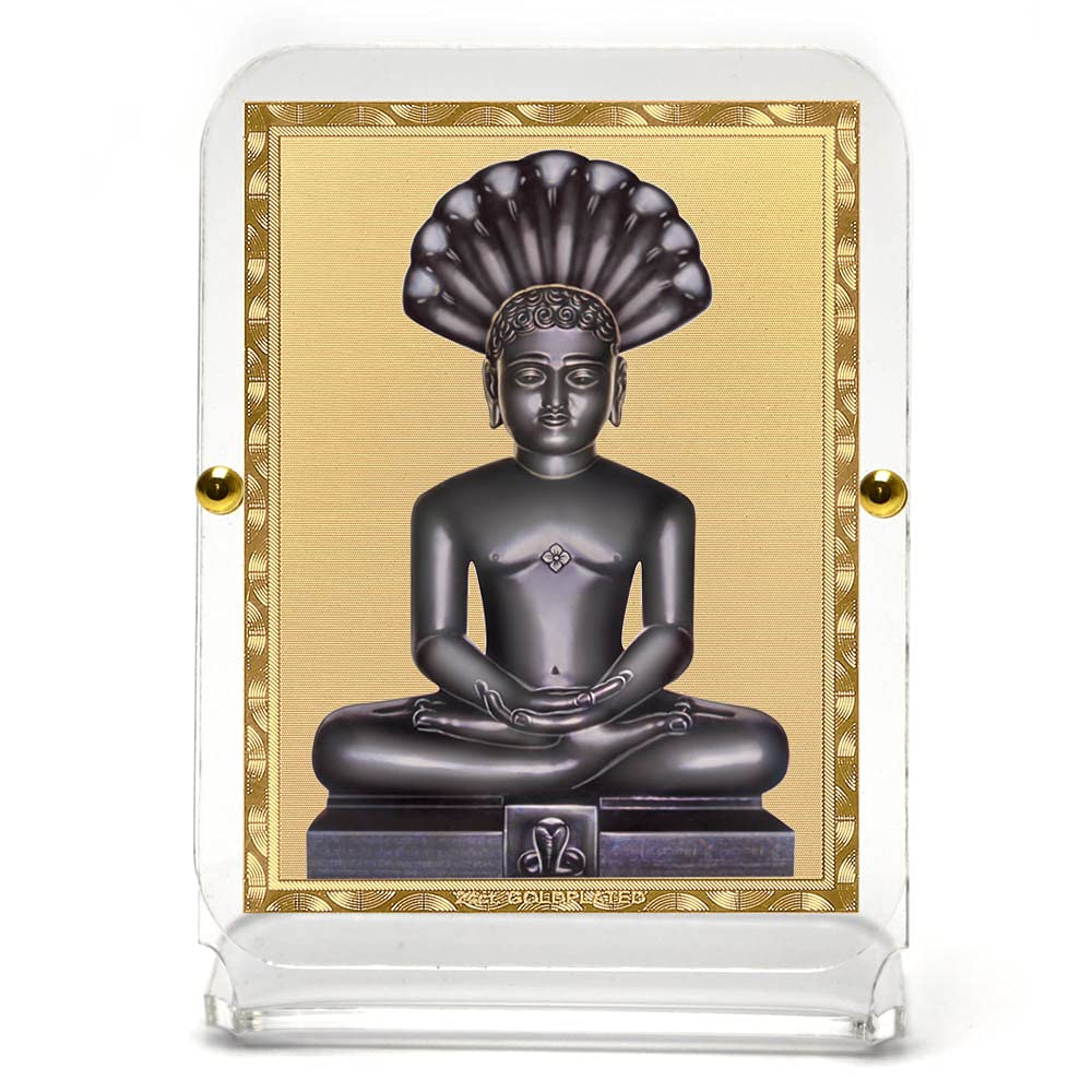 Eknoor Goldplated Foil on Acrylic Recta 1 Base Parshwnath Ji Idol for Car Dashboard, Puja Ghar and Office Table, Large, Multicolour