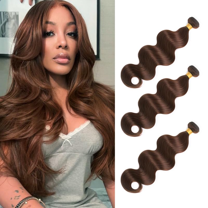 8 10 12 Inch Body Wave Human Hair Bundles Brown Bundles Human Hair Double Weft 3 Bundle Brazilian Virgin Human Hair Weave for Black Woman Natural Brown Color (#4，300g/Pack)