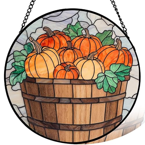 Stained Acrylic Puzzle Suncatcher,7.48in Autumn Harvest Pumpkins in Barrel Fall Decor